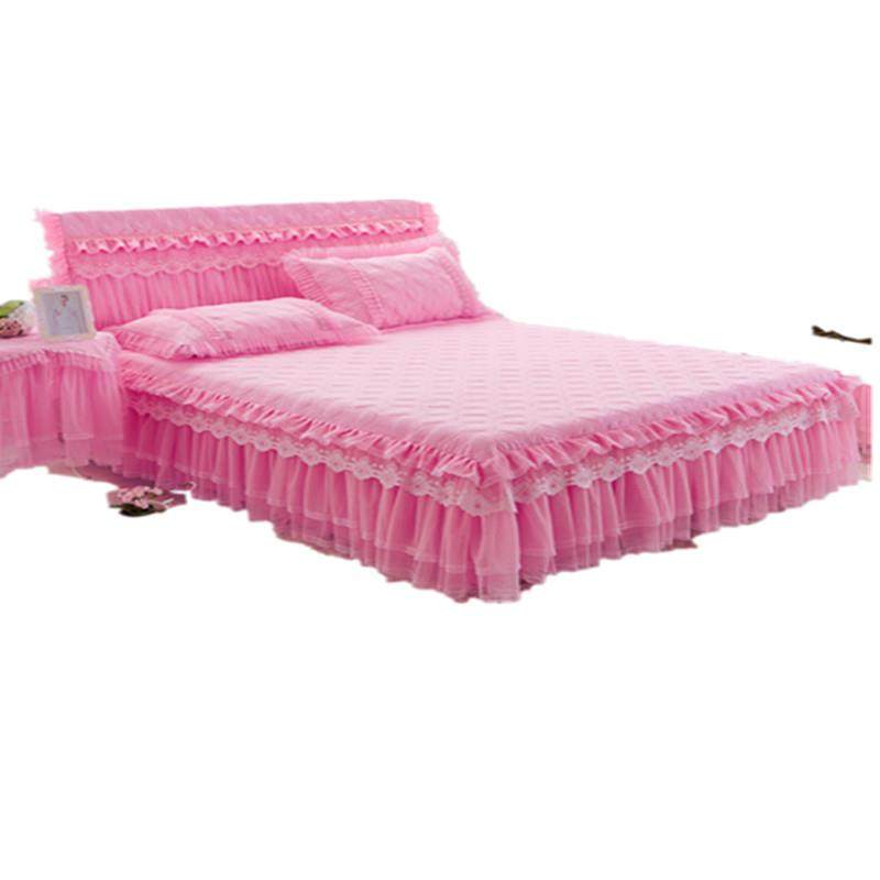 RI0T韩式床裙三件套加棉床罩床头罩加厚夹棉公主风蕾丝花边粉色床 - 图3