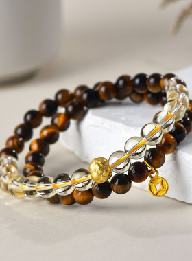 天然黄虎眼石双圈手链招财显白