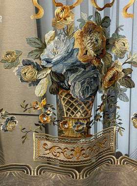 新款欧式雪尼尔别墅落地窗镂空绣花窗帘蓝色灰色客厅阳台餐厅