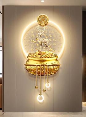 发财麋鹿玄关装饰画聚宝盆走廊尽头挂画轻奢招财进宝入户带灯壁画