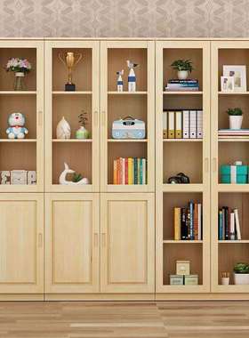实木书柜现代简约带玻璃门收纳文件展示柜家用学生组合储物书橱