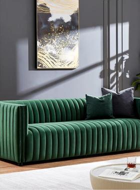 北美轻奢布艺沙发美式复古三人位丝绒沙发法式简约现代竖条样板房