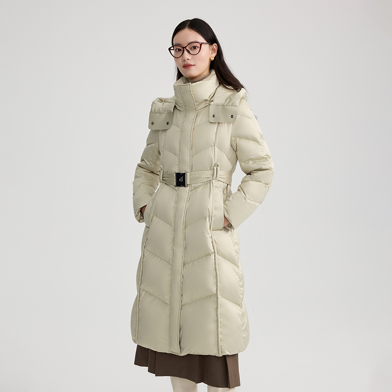 【胡可推荐】艾莱依冬季羽绒服女款长款连帽气质大衣收腰休闲外套