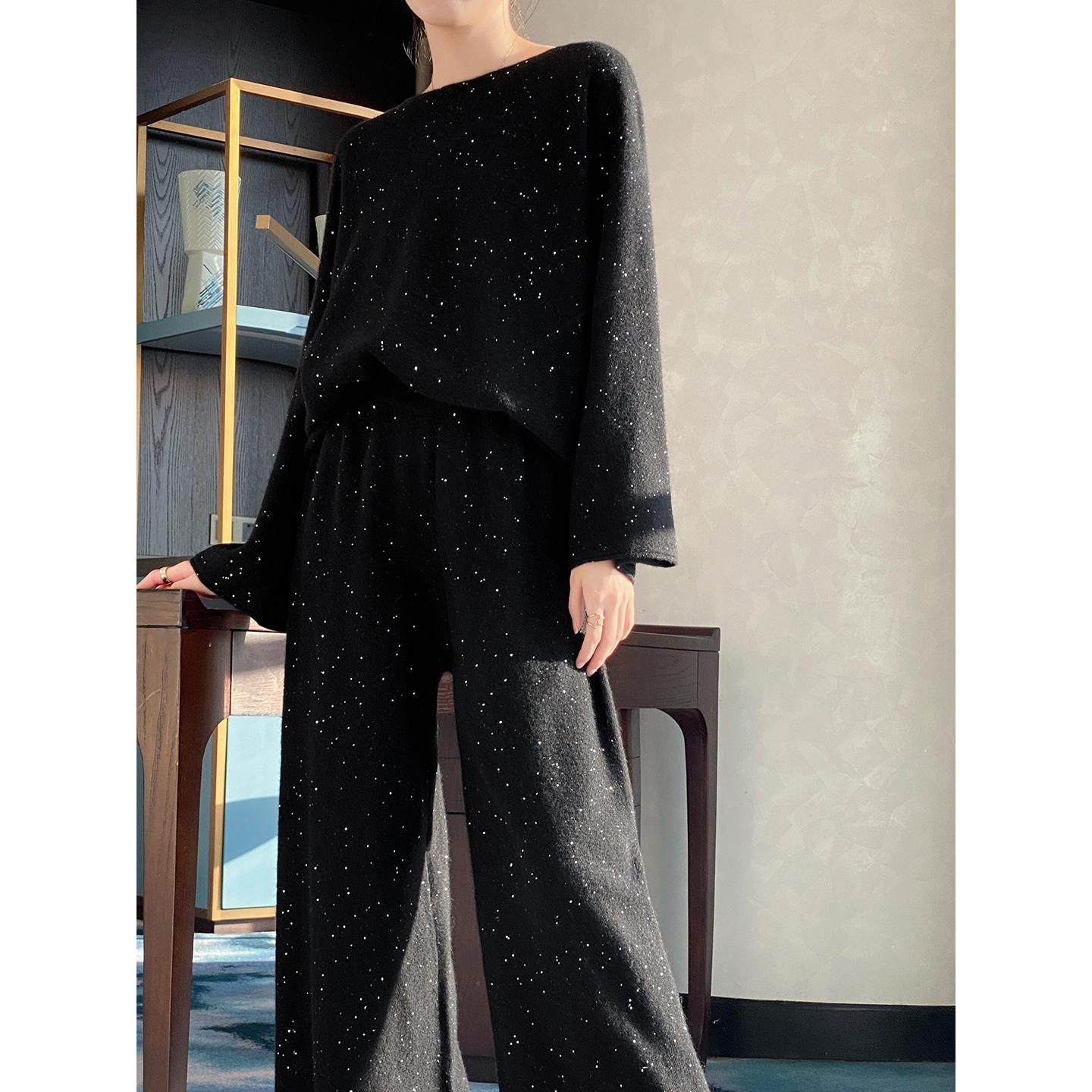 秋冬轻奢100%纯羊毛衫女圆领亮片针织毛衣宽松显瘦百搭阔腿裤套装,淘宝优惠券,粉丝福利购,淘宝优惠卷