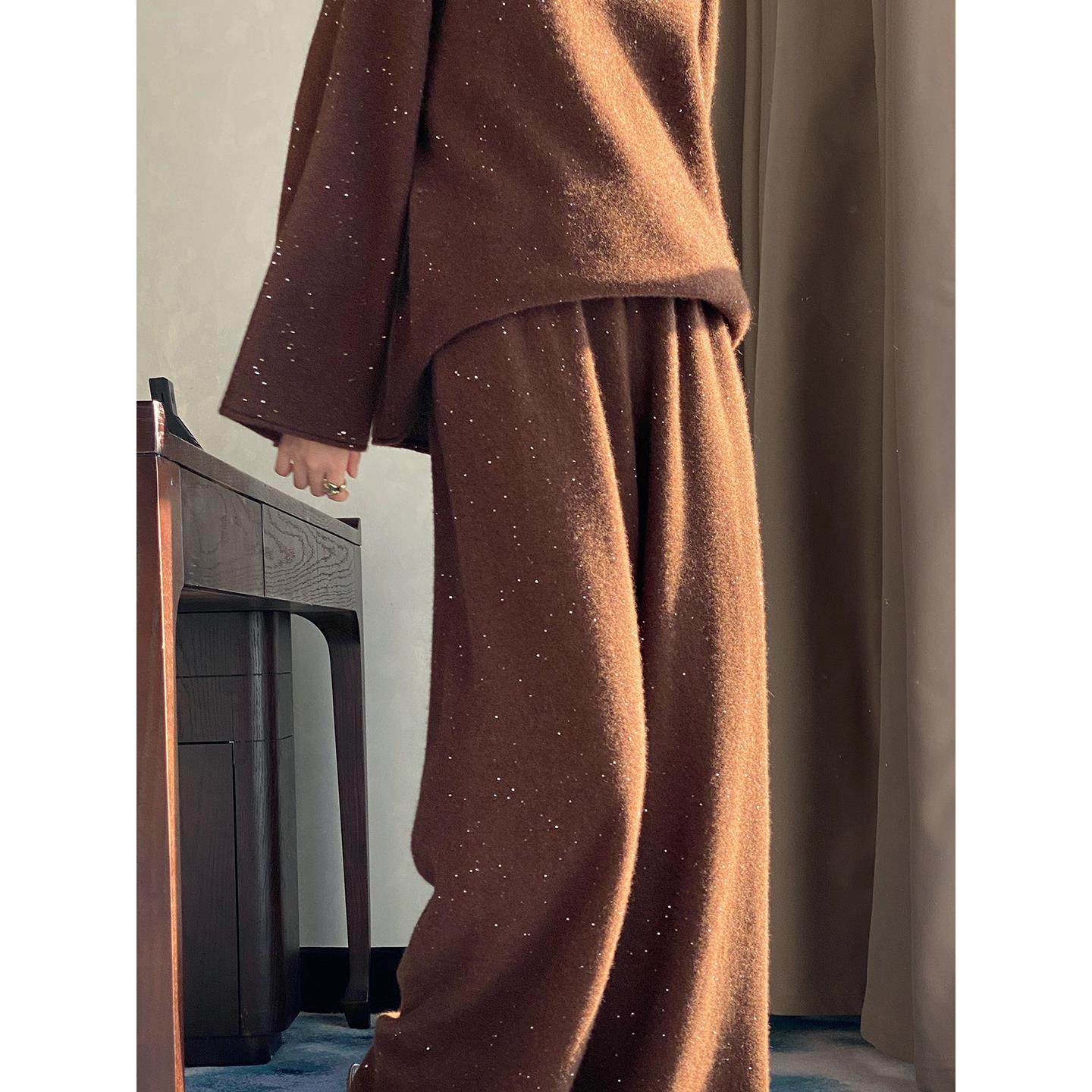 秋冬轻奢100%纯羊毛衫女圆领亮片针织毛衣宽松显瘦百搭阔腿裤套装,淘宝优惠券,粉丝福利购,淘宝优惠卷