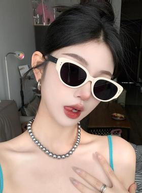 新款白色猫眼太阳眼镜女美式覆古辣妹网红2023眼镜抗UV近视太阳眼