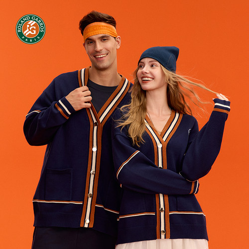 罗兰加洛斯法网针织开衫毛衣男女针织衫毛线春秋外套网球服撞色 - 图0