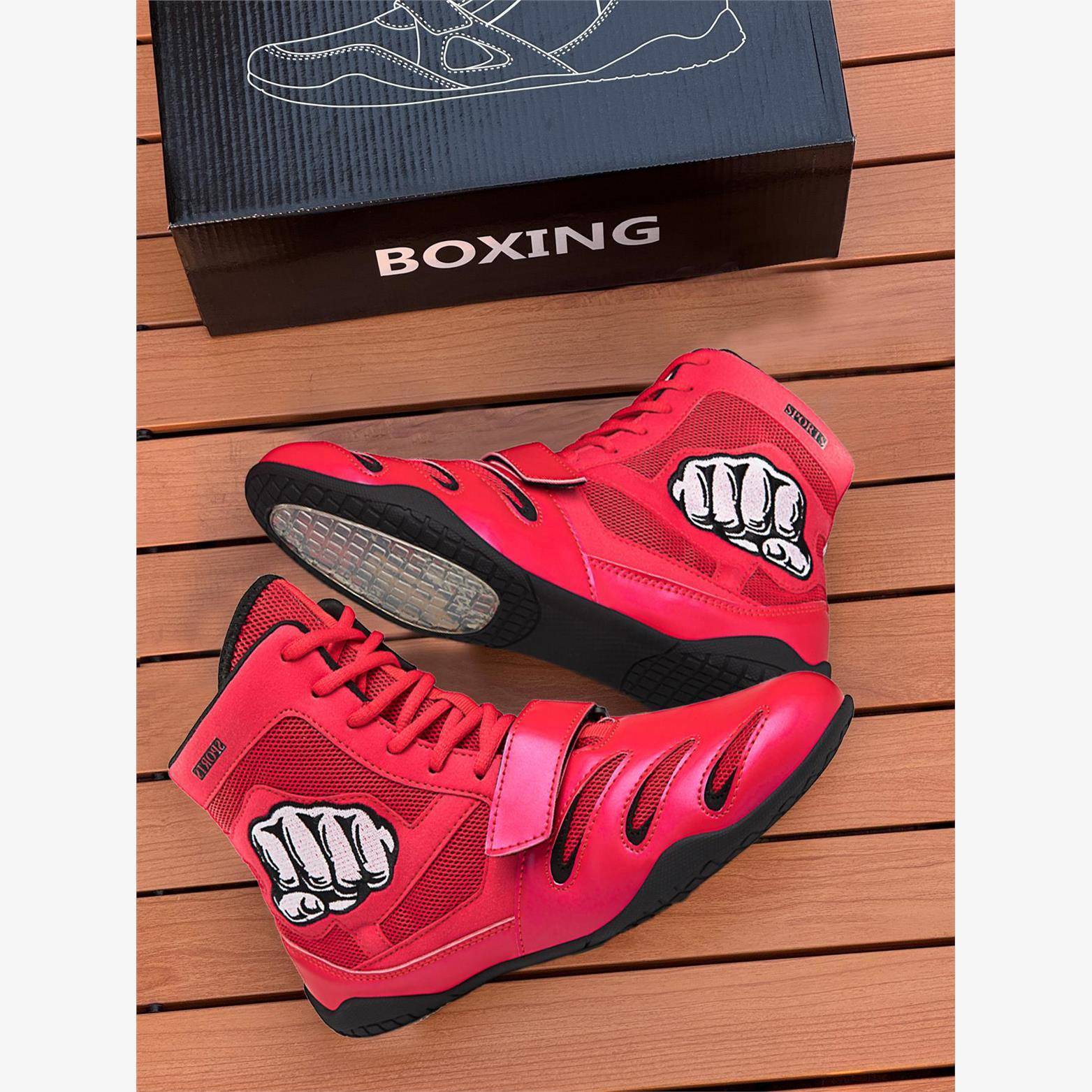 专业拳击鞋男摔跤鞋散打鞋高帮格斗比赛训练鞋健身泰拳搏击鞋男女 - 图0