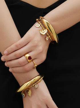 环形开口光面手镯不锈钢心形四叶