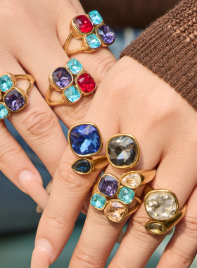 美拉德彩色玻璃石戒指ins轻奢风