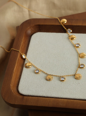 贝壳圆盘锆石吊坠钛钢项链