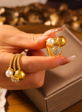 欧美圆球镶仿珍珠满钻戒指ins风