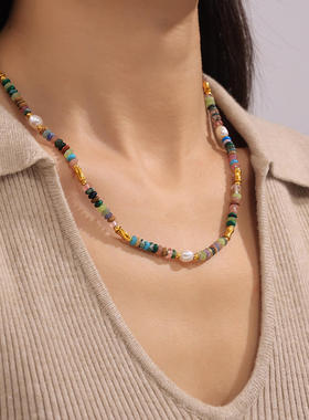 波西米亚风格多巴胺淡水珍珠天然石串珠项链手链钛钢夏日首饰套装