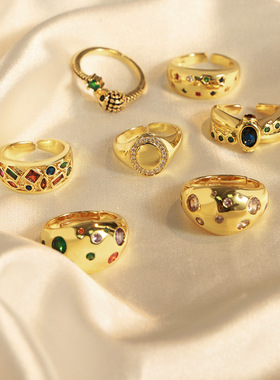 ins朋克风简约小众几何饰品镶嵌多色彩锆石设计感铜材质开口戒指
