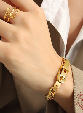 欧美粗链条按压扣表带扣手链钛钢镀18k金气质手饰品高端首饰配饰