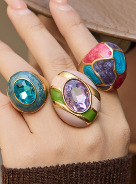 chic时尚珐琅彩釉玻璃石戒指ins