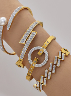 不锈钢几何超闪5A锆石满钻开口手