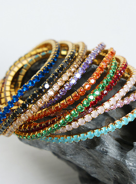个性简约几何百搭饰品镶嵌多色彩锆石设计感钛钢镀金弹力绳手链女