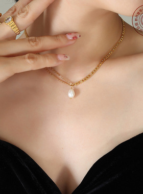 欧美ins饰品辣妹双链条淡水珍珠