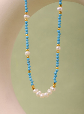 欧美春夏新款蓝松石天然淡水珍珠锁骨链手链女小众设计饰品套装