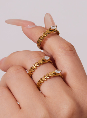 经典麦穗钻石戒指不锈钢镀18K金