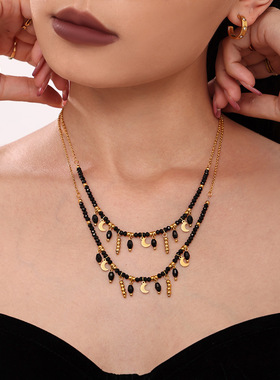 黑色水晶钛钢流苏月亮锁骨个性气质高端首饰项链神秘感暗黑系女王