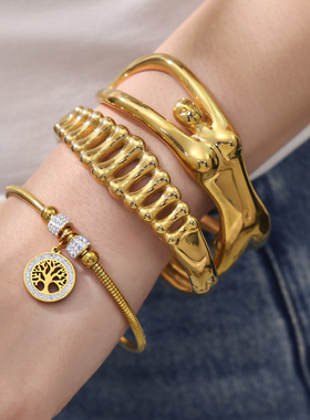 不锈钢鱼骨头卡扣手镯ins女士身