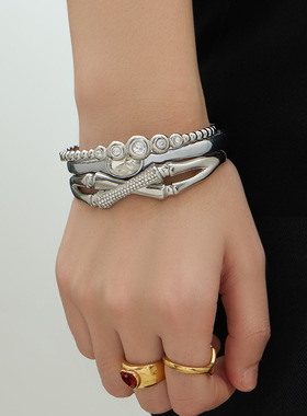 交叉竹节镶钻手镯椭圆锆石不锈钢