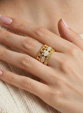 不锈钢电镀18K金镶嵌锆石钻戒指