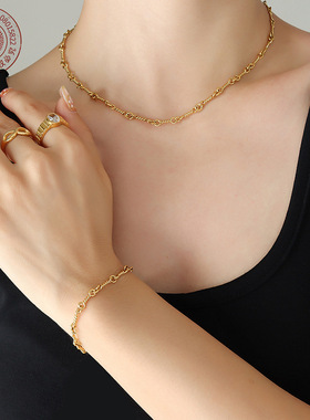 独特创意时尚个性ins韩系新款钛钢镀金环环相扣项链手链首饰套装