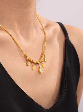 波西米亚中东饰品罗马数字表盘流苏镶锆石设计项链钛钢气质首饰女