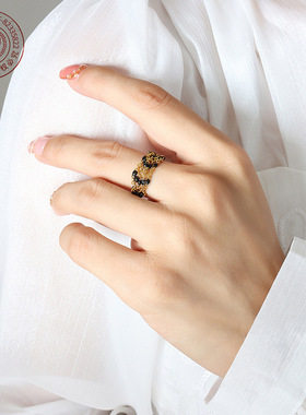 时尚个性印度风小众多链条设计手指链钛钢镀18K金滴油多层链戒指