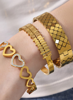 欧美热卖不锈钢几何图案镶锆石手