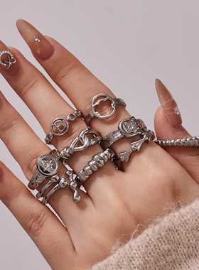 法式小巧镂空几何不锈钢开口戒指