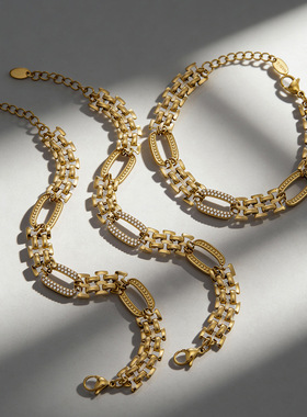 不锈钢锆石手表链镀18k金ins欧美