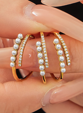 时尚仿珍珠款戒指V形曲线镶嵌锆