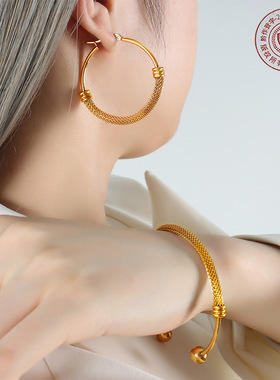 首饰三件套时尚潮流港式ins风项圈气质耳圈百搭手镯钛钢镀18K真金