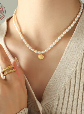 中式风格钛钢镀金双囍福牌双面吊坠淡水珍珠项链港式小众幸运首饰