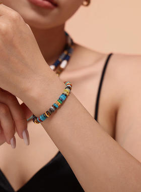 欧美复古多巴胺天然石算盘珠项链手链民族风轻奢手工彩虹串珠套装
