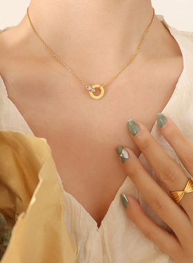 欧美个性风潮罗马带钻双环耳环项链钛钢首饰套装镀18真金不褪色