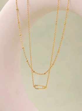 简约镶钻回形针项链女镀金链