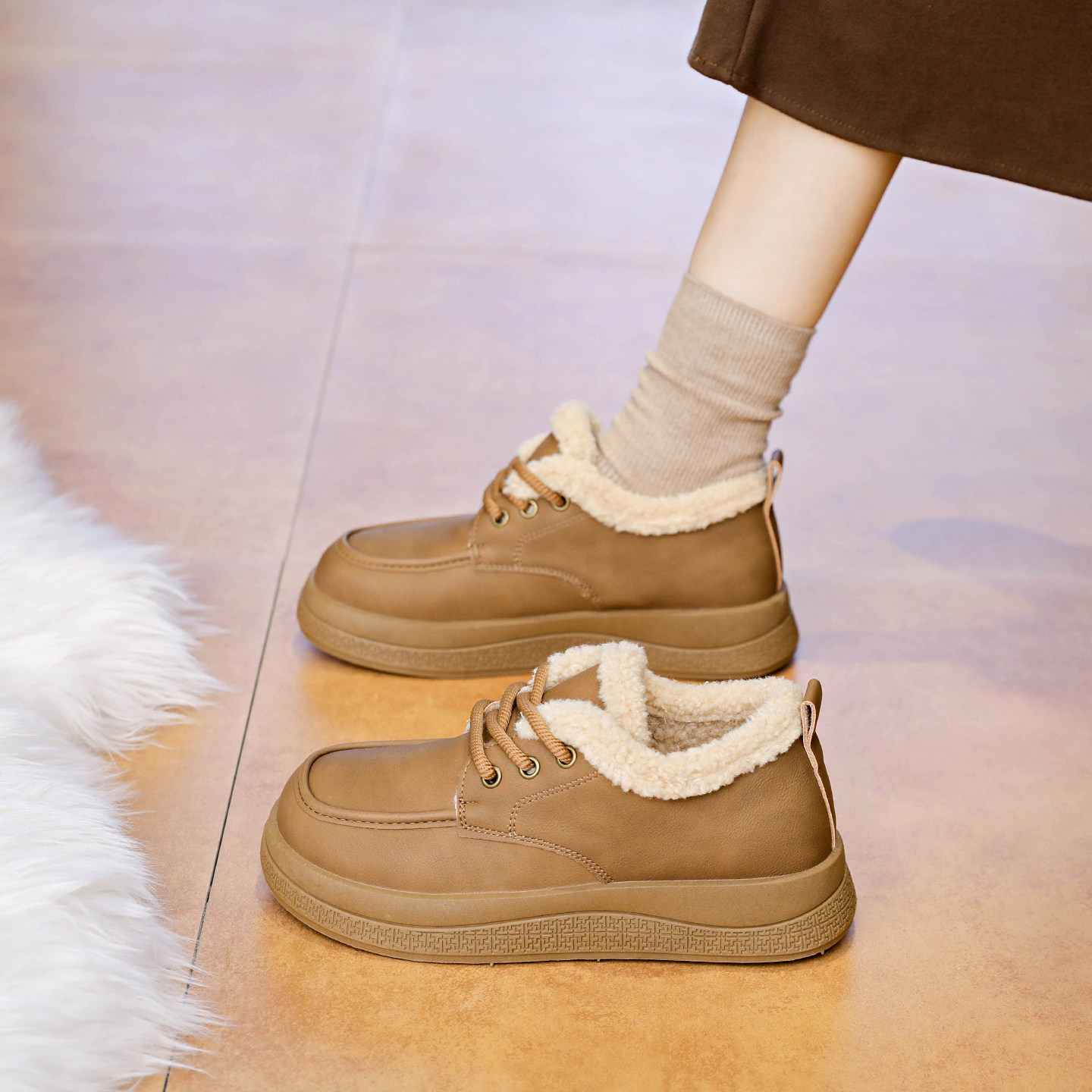 复古真皮加绒加厚棉鞋女冬季防滑保暖羊羔绒雪地靴34码厚底乐福鞋,淘宝优惠券,粉丝福利购,淘宝优惠卷