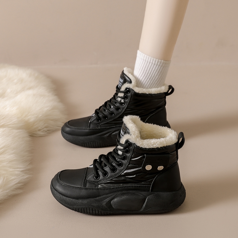 高帮棉鞋女2025冬季新款加绒小白鞋厚底加毛保暖休闲运动鞋小码34 - 图0