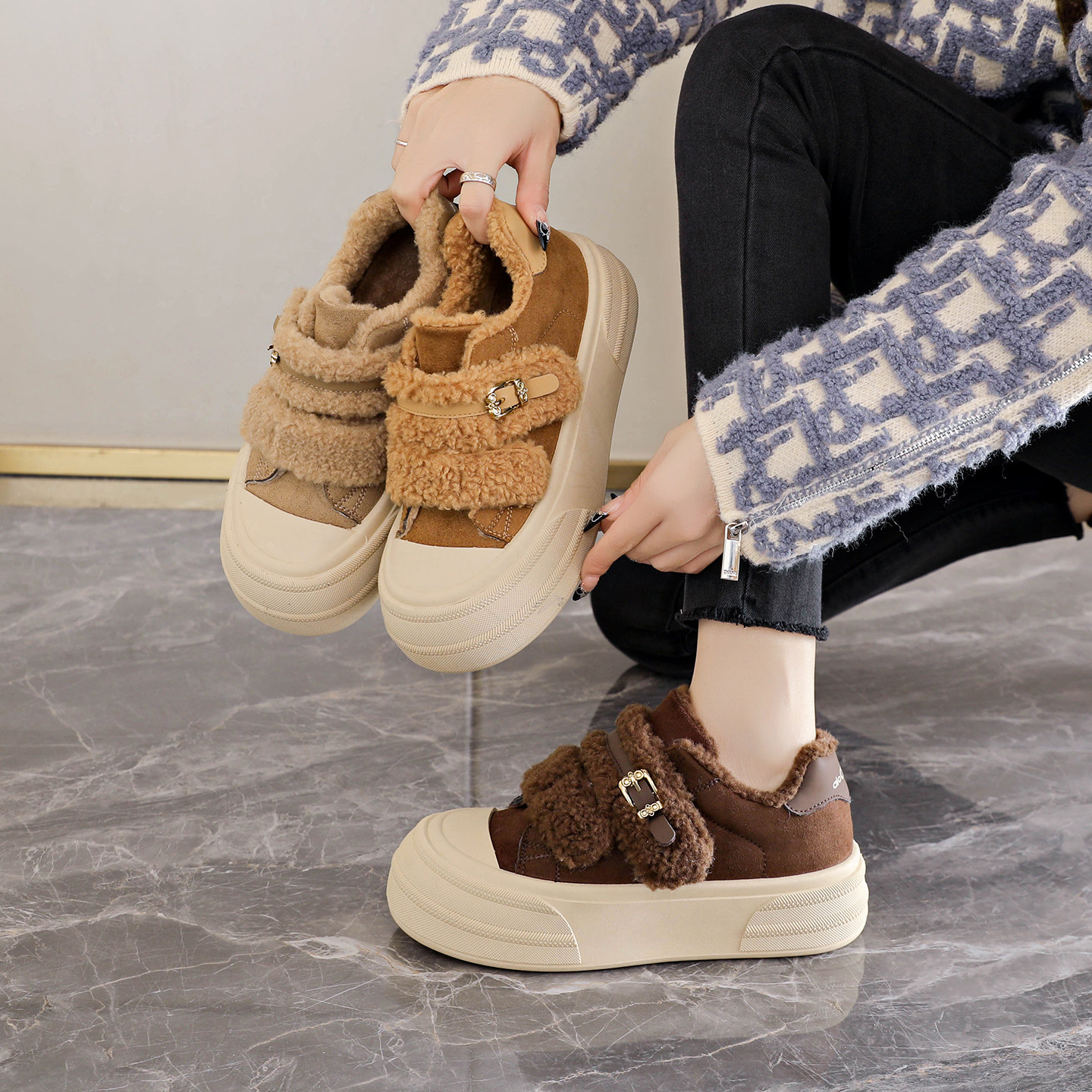 厚底毛毛棉鞋女冬季2025新款加绒保暖魔术贴休闲百搭面包雪地靴子,淘宝优惠券,粉丝福利购,淘宝优惠卷