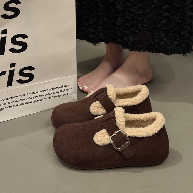 深咖色加绒勃肯鞋女冬季2025新款保暖豆豆毛毛鞋一脚蹬雪地棉鞋子,淘宝优惠券,粉丝福利购,淘宝优惠卷