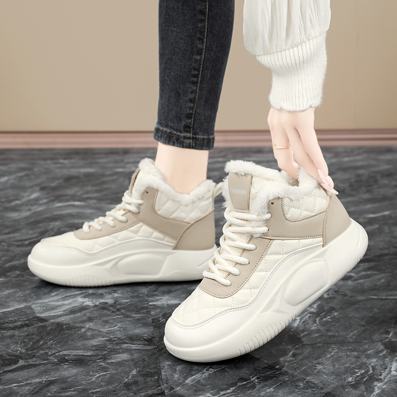 软底黑色运动鞋女款皮面防水防滑工作鞋冬季大码4142高帮加绒棉鞋 - 图2