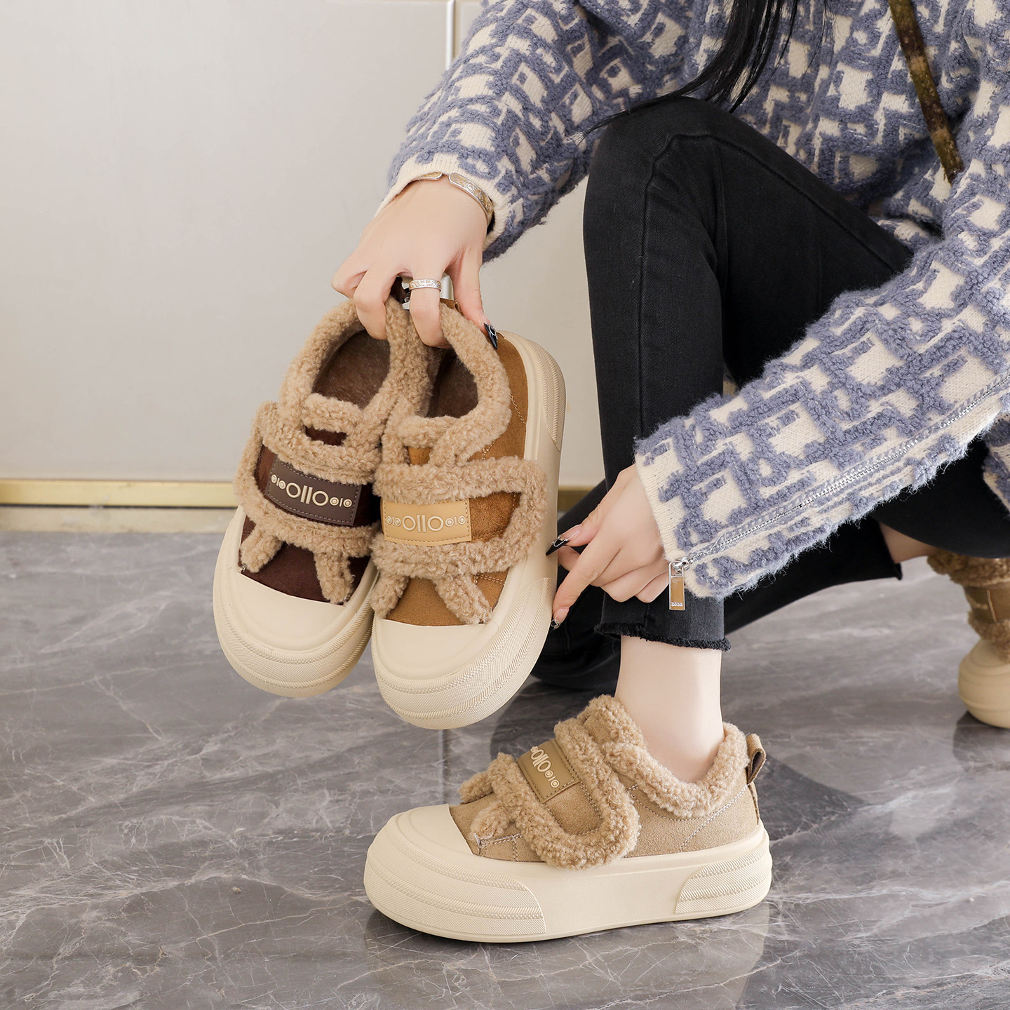 真皮魔术贴毛毛板鞋女2025新款冬季加绒保暖厚底棉鞋休闲雪地靴子,淘宝优惠券,粉丝福利购,淘宝优惠卷