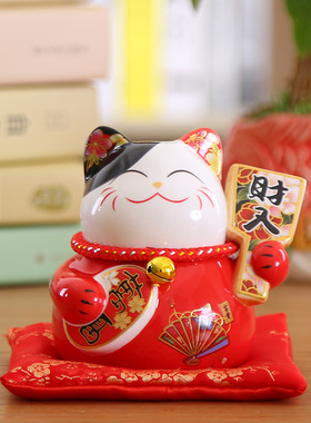 迷你4.5寸招财猫办公桌面家居饰品创意陶瓷摆件开运发财猫黑红色