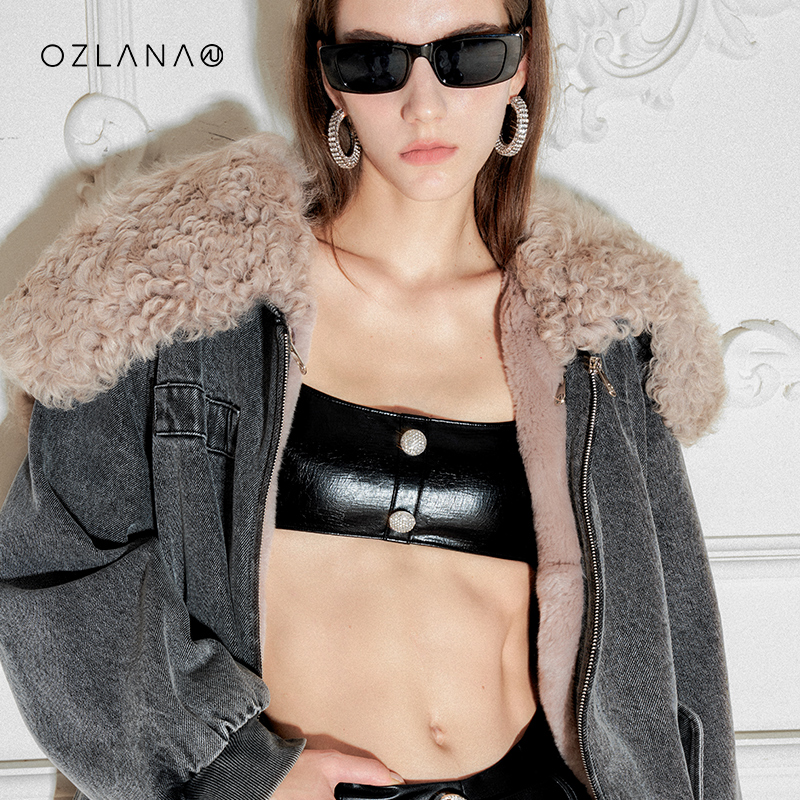 OZLANA牛仔派克服女2023冬季新品两穿设计款休闲百搭短款外套大衣