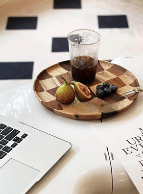 集饰棋盘格实木盘ins胡桃